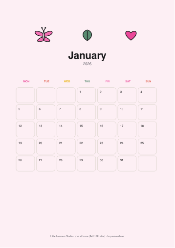 Flowers 2026 Kids Wall Calendar page preview 1