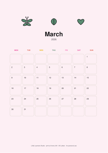 Flowers 2026 Kids Wall Calendar page preview 3