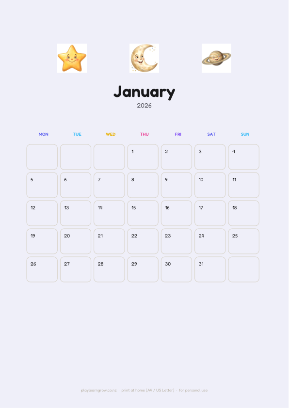 Space Adventure 2026 Kids Wall Calendar