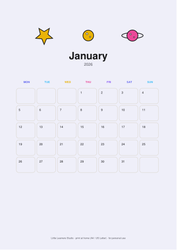 Space Adventure 2026 Kids Wall Calendar page preview 1