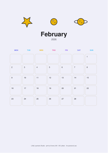 Space Adventure 2026 Kids Wall Calendar page preview 2