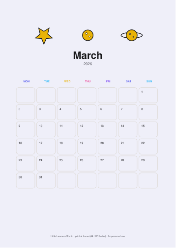 Space Adventure 2026 Kids Wall Calendar page preview 3