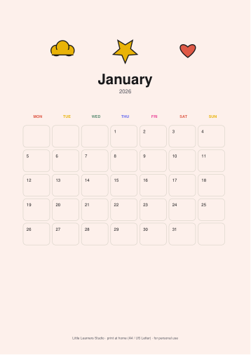 Rainbows 2026 Kids Wall Calendar page preview 1