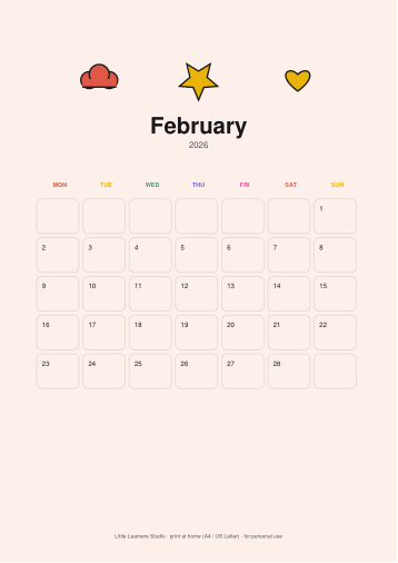 Rainbows 2026 Kids Wall Calendar page preview 2
