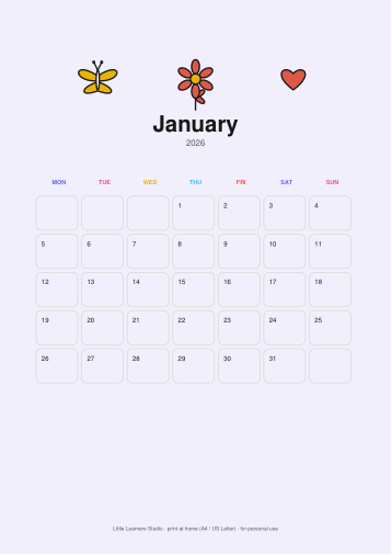 Butterflies 2026 Kids Wall Calendar page preview 1