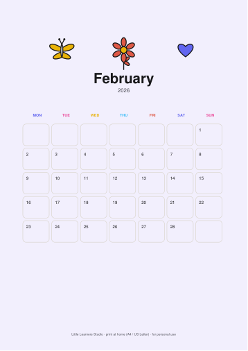 Butterflies 2026 Kids Wall Calendar page preview 2
