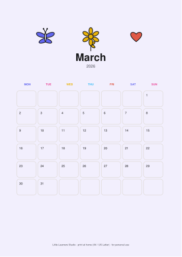 Butterflies 2026 Kids Wall Calendar page preview 3
