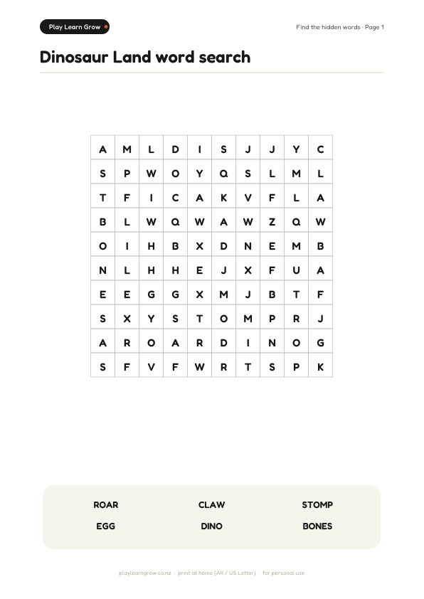 Dinosaur Land word search