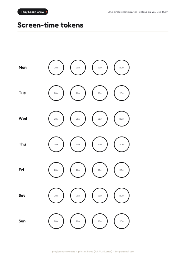One circle = 20 minutes · colour as you use them