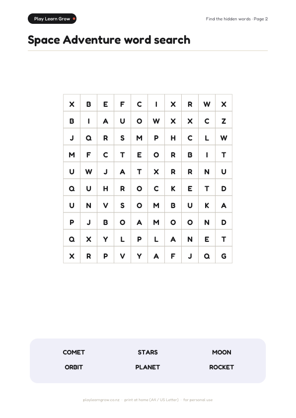 Space Adventure word search