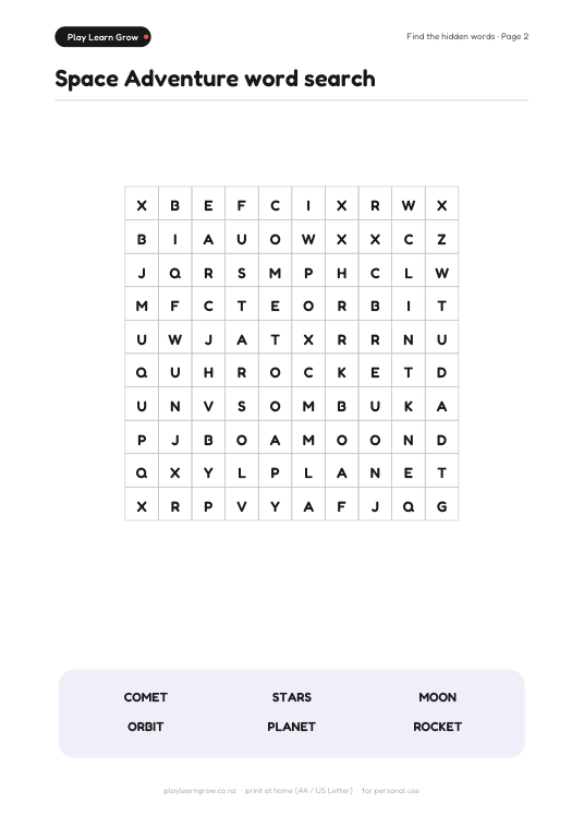Space Adventure word search page preview 1