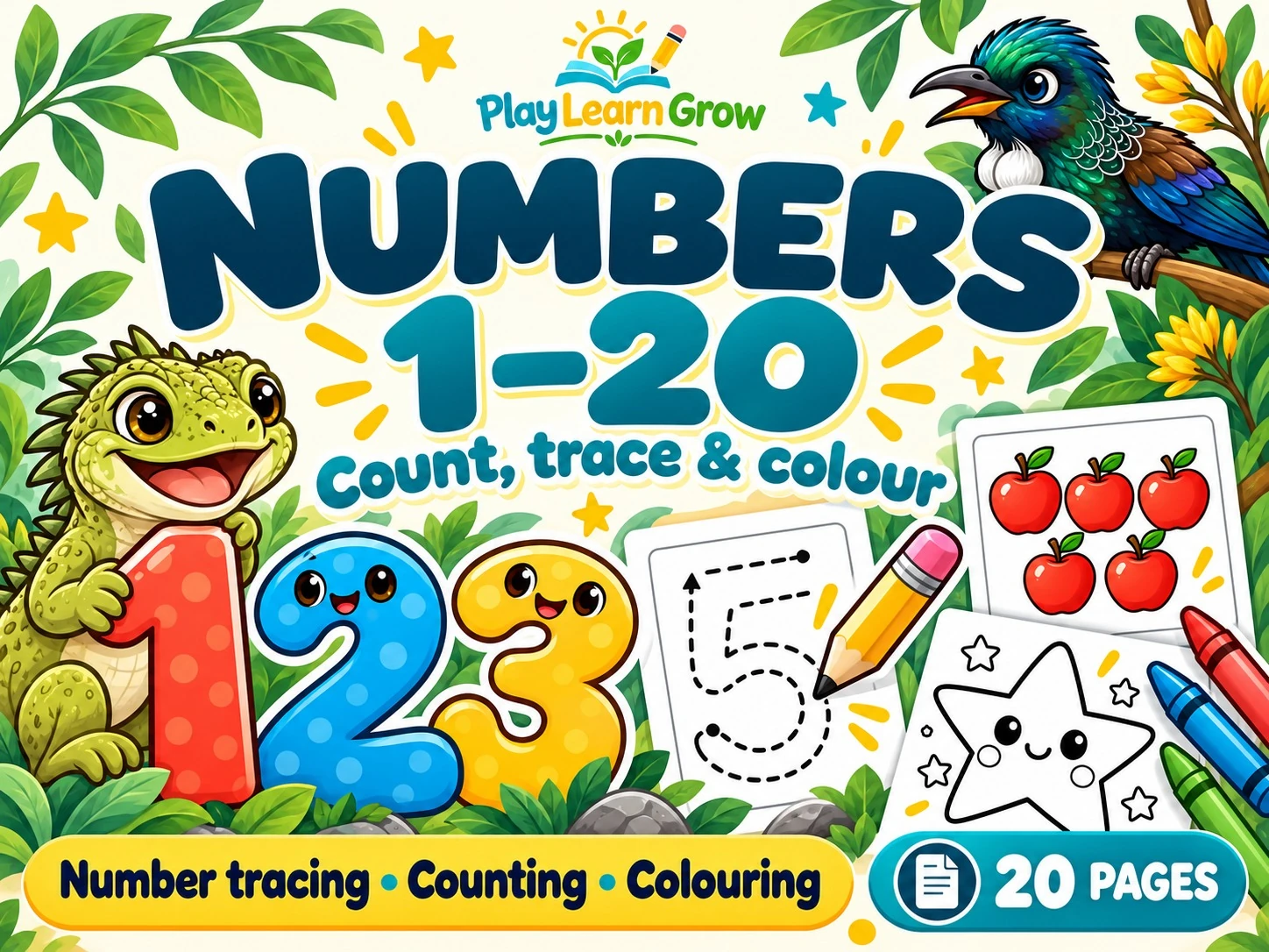 Numbers 1–20 Counting and Tracing Worksheets